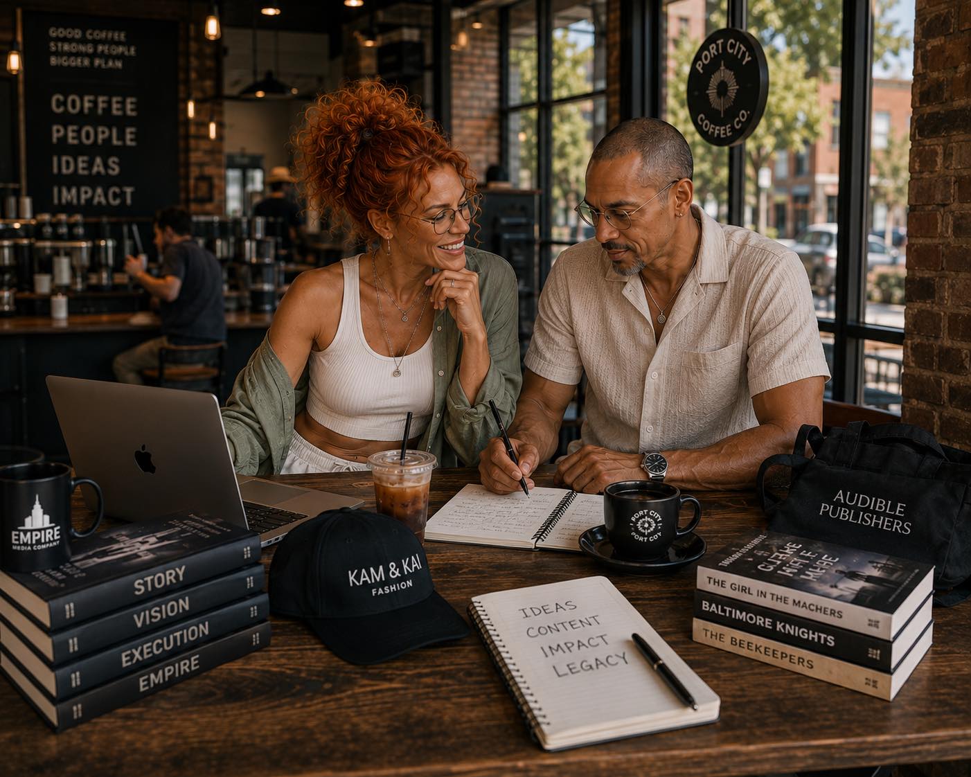 Craig Phillips and Kai Kohan working together over coffee in a café.
