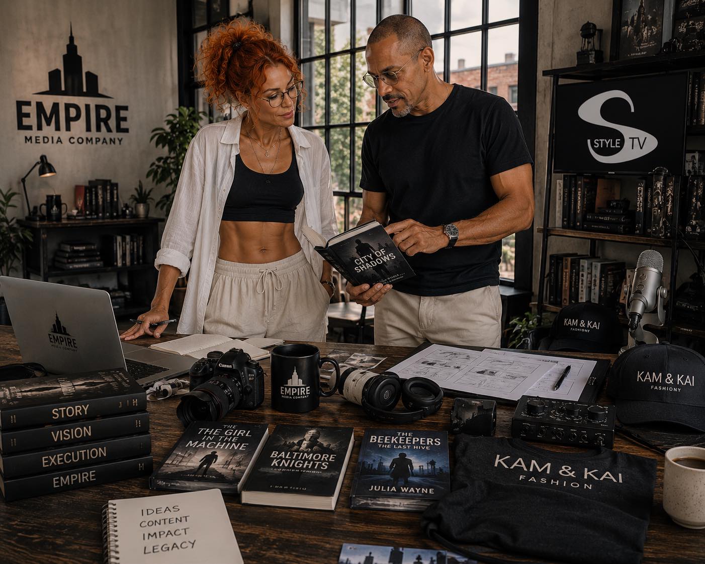 Craig Phillips and Kai Kohan reviewing creative materials at an Empire Media Company worktable.