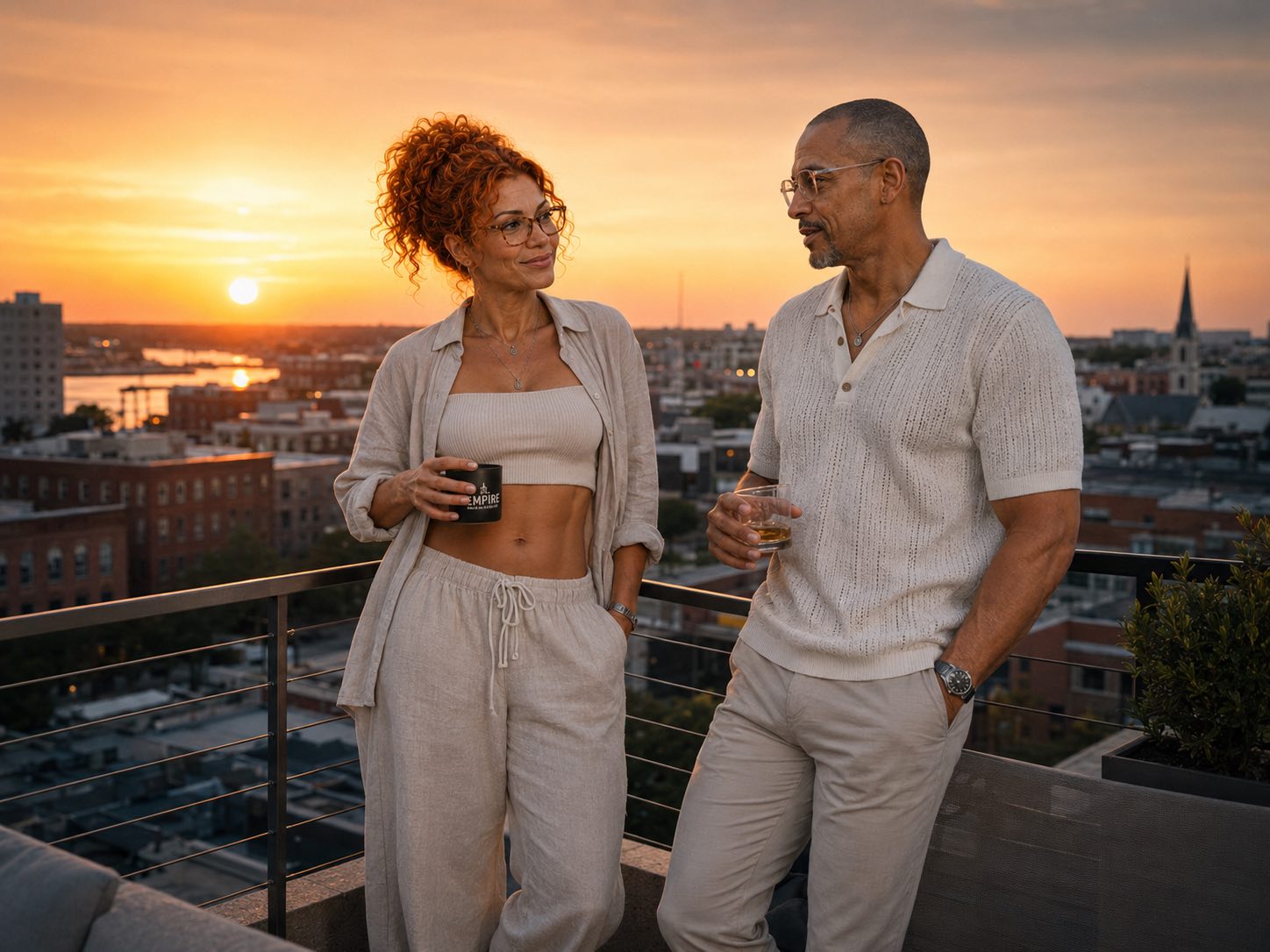 Craig Phillips and Kai Kohan on a rooftop at sunset overlooking Wilmington.