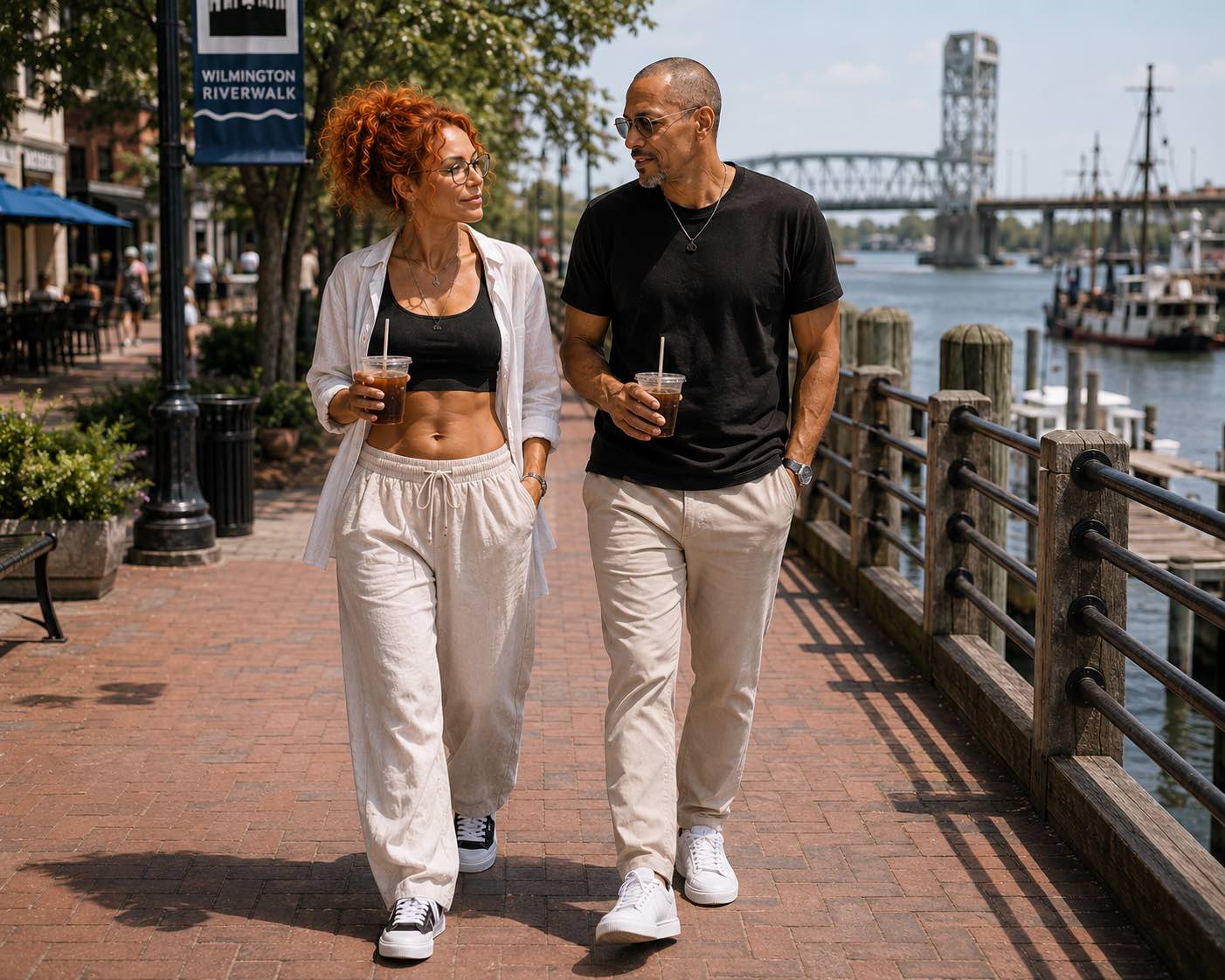 Craig Phillips and Kai Kohan walking along the Wilmington Riverwalk with iced drinks.